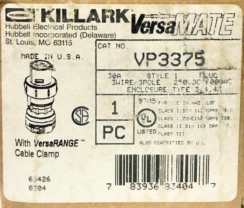 HUBBELL KILLARK VP3375 3 Wire 3Pole 30 AMP Versa Mate Plug 250 VDC 600 VAC