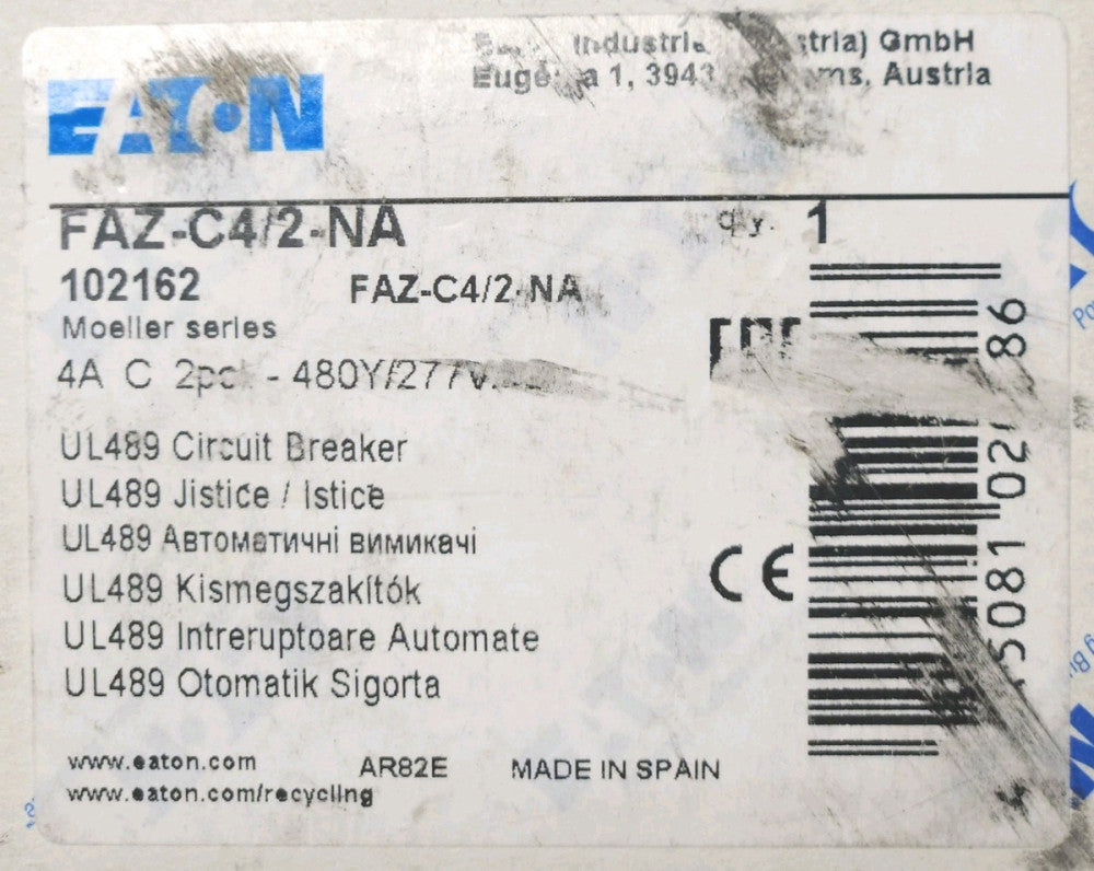 EATON MOELLER  FAZ-C4/2-NA 2 Pole 4 AMP Circuit Breaker C4 2 NA 480Y 227 VAC
