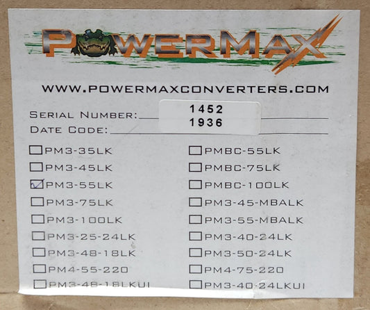 POWERMAX PM3 55LK RV Power Converter and Battery Charger 105-130 VAC 13.6 VDC 55