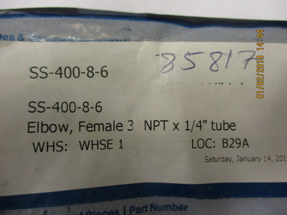 SS-400-8-6 Swagelok SS TUBE FITTING, FEMALE ELBOW, 1/4 IN. T BRAND NEW!