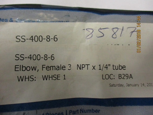 SS-400-8-6 Swagelok SS TUBE FITTING, FEMALE ELBOW, 1/4 IN. T BRAND NEW!