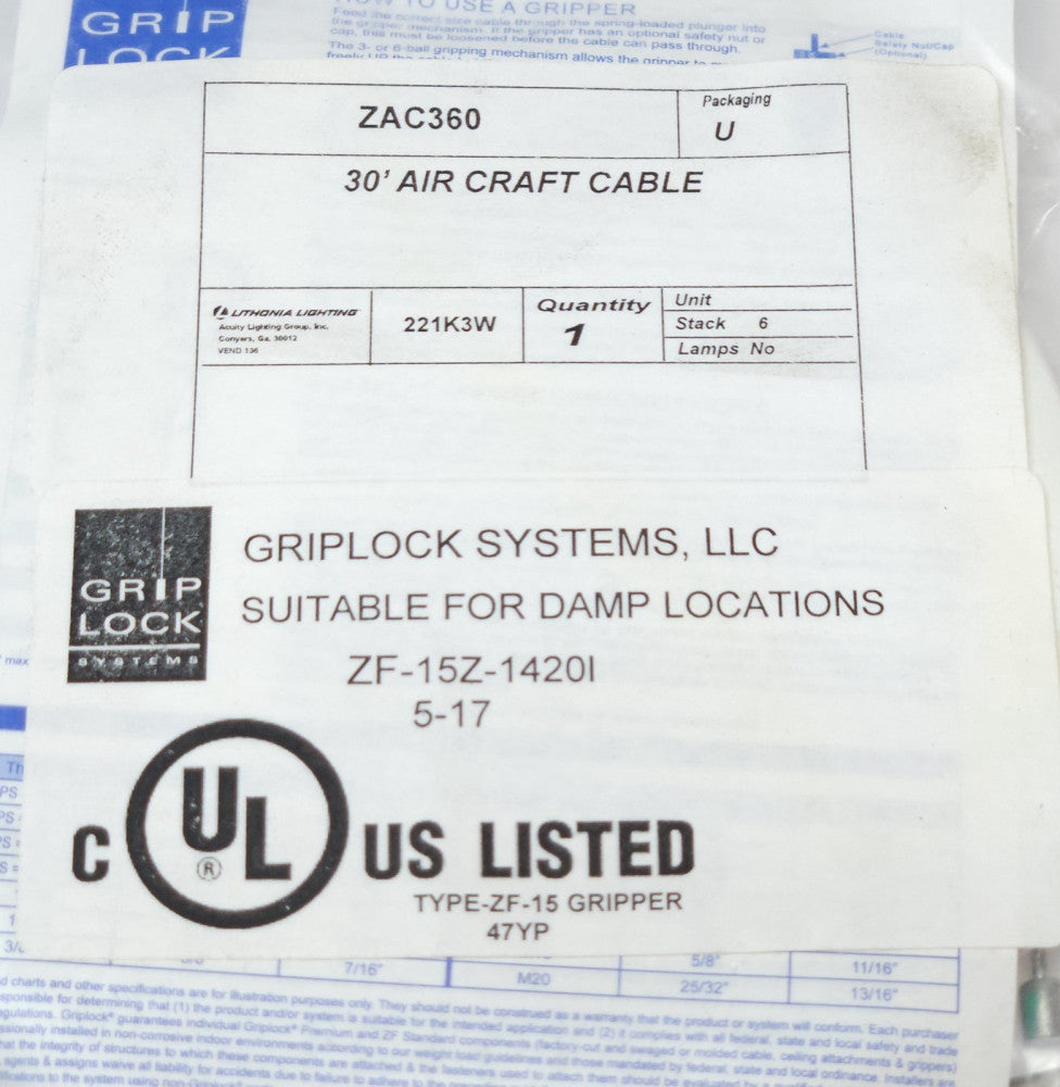 LITHONIA ZF 15Z 14201 ZAC360 30' Air Craft Cable GRIPLOCK SYSTEM Type ZF-15 Grip
