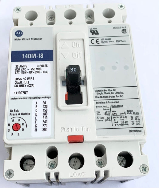 ALLEN BRADLEY 140M I8P C30S M 30 AMP HMCP Motor Circuit Protector 90-300 AMP 