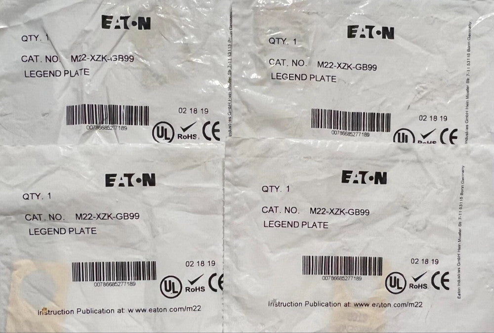 (LOT OF 4) EATON CUTLER HAMMER M22 XZK GB99 Legend Plate EMERGENCY STOP