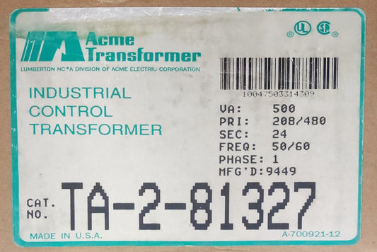 ACME TRANSFORMER TA 2 81327 Primary 208480 VAC Secondary 24 Volt 500 VA Single