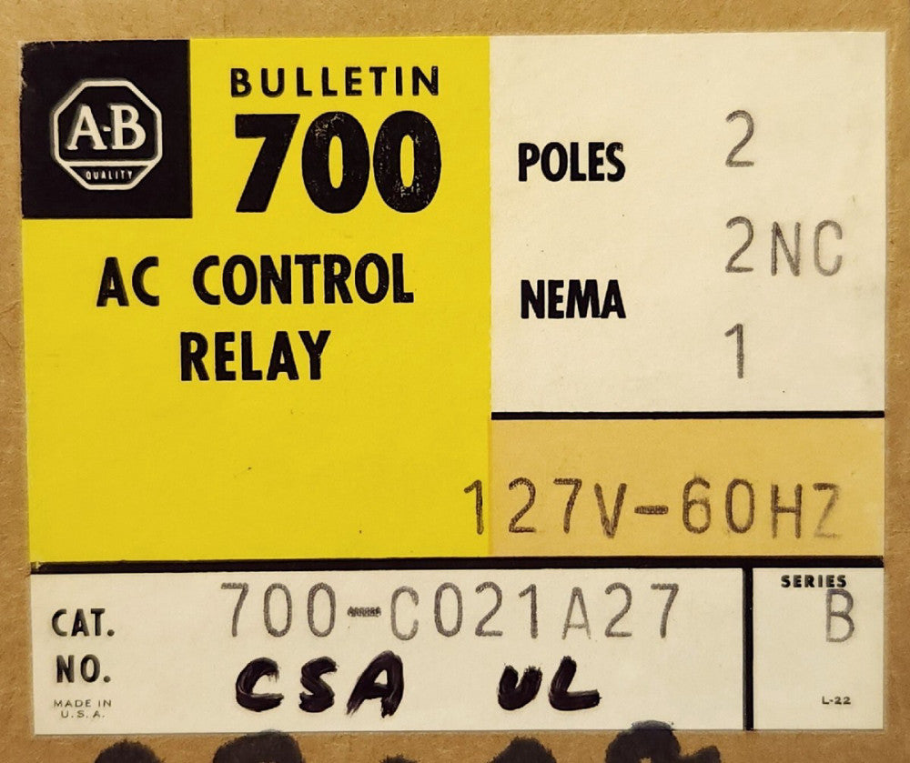 ALLEN BRADLEY 700 C021A27 AC Control Relay 700-C020A27 Nema 1 Enclosure 2 Pole
