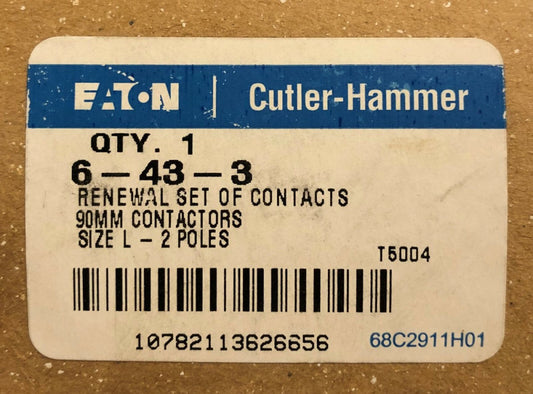 EATON CUTLER HAMMER 6-43-3 90MM Size L Contact Kit 2 Pole 6 43 3