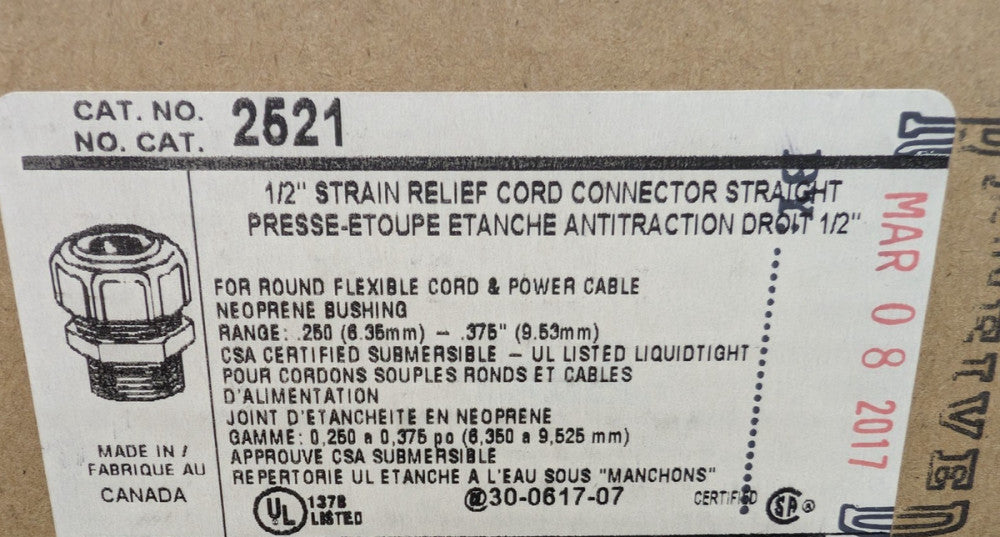 New, Thomas & Betts, 2521, 1/2 INCH STRAIN RELIEF CORD CONNECTOR