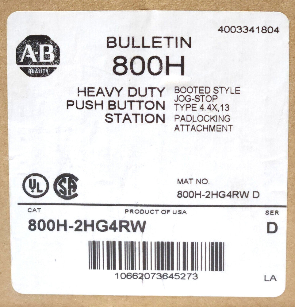 ALLEN BRADLEY 800H 2HG4RW Heavy Duty Pushbutton Station Enclosure BLACK JOG Red