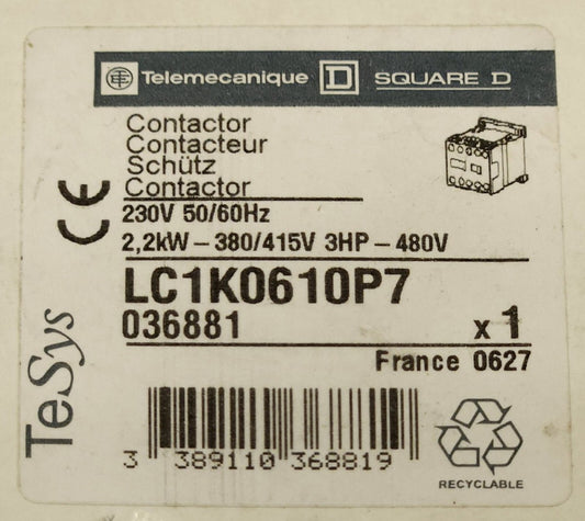 SQUARE D TELEMECANIQUE LC1K0610P7 Miniature Contactor 230 VAC 3 Pole 1 NO