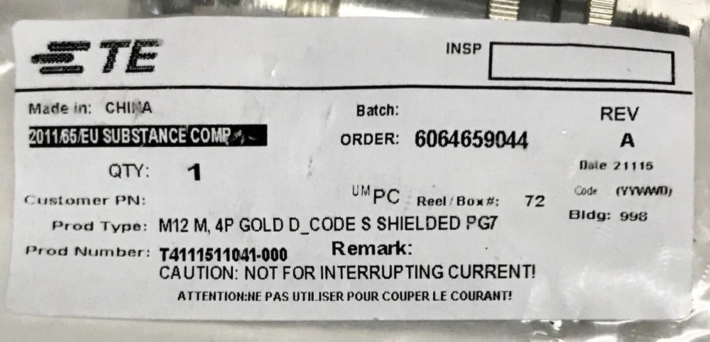 TE 6064659044 T411151104 000 M12 M 4P GOLD Shielded PG7 Metric Connector 4 Pin