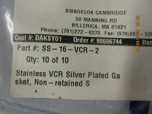 SS-16-VCR-2 Swagelok VCR Gasket BRAND NEW! LOT OF 2