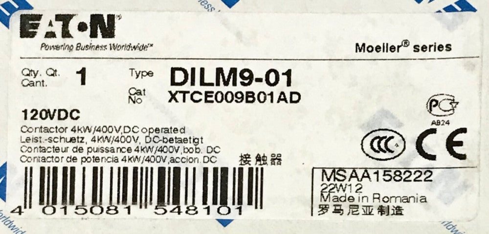 EATON MEOLLER DILM9 01 3 Pole 120 VDC Contactor XTCE009B01AD 4 KW DILM9-01