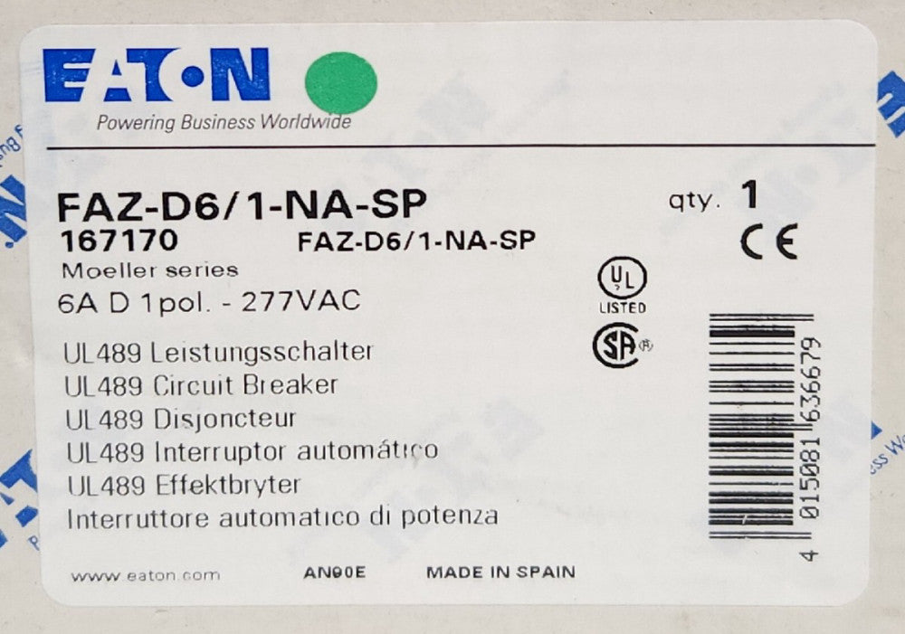 EATON MOELLER FAZ-D6/1-NA-SP Single Pole 6 AMP 277 VAC Miniature Circuit Breaker