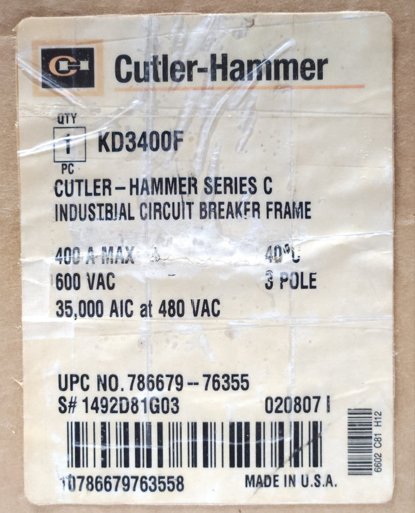EATON CUTLER HAMMER KD3400F 3 Pole 400 AMP Type KD Circuit Breaker Frame ONLY