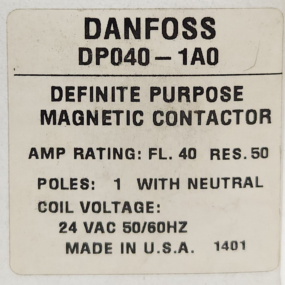 DANFOSS DP040 1A0 Definite Purpose Magnetic Contactor Single Pole 24 VAC 50/60Hz
