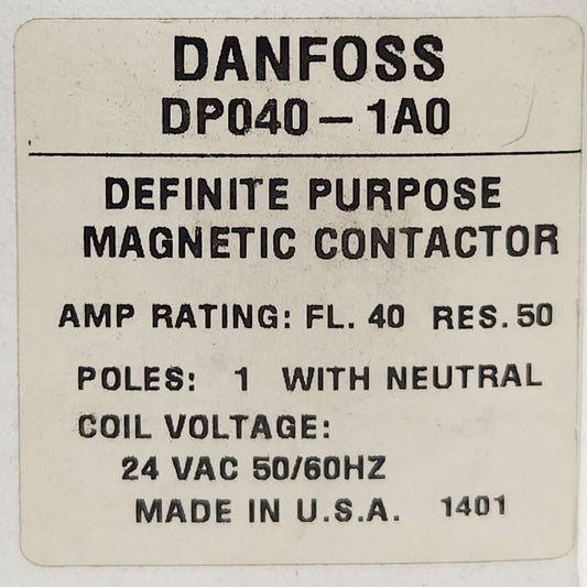 DANFOSS DP040 1A0 Definite Purpose Magnetic Contactor Single Pole 24 VAC 50/60Hz
