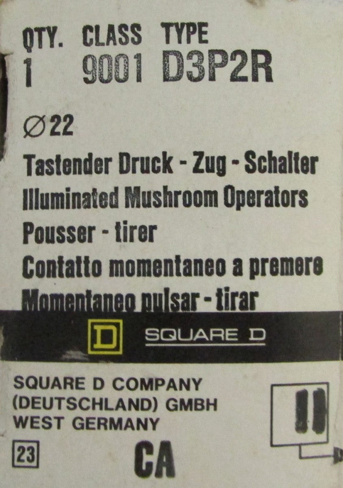 SQUARE D 9001 D3P2R Illuminating Red PushButton Operator