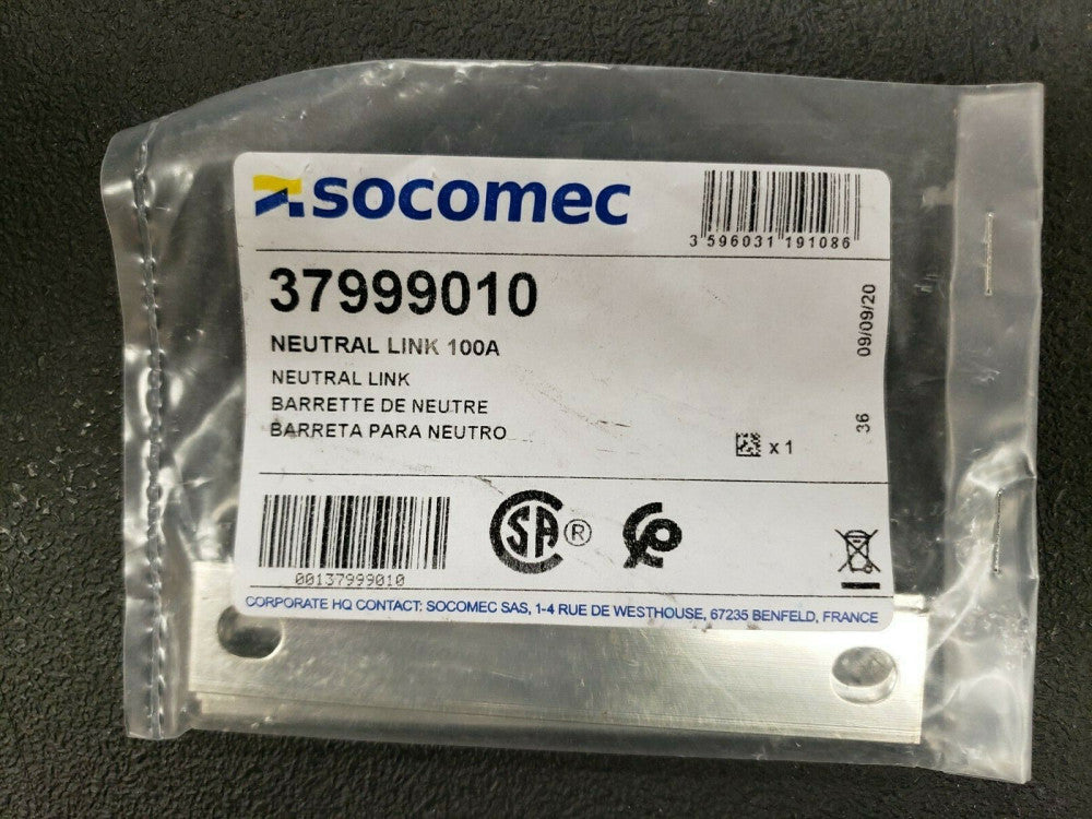 NEW, SOCOMEC, 37999010, Solid Neutral Link 100A 