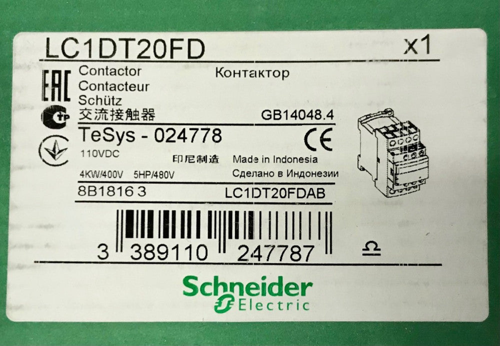 SCHNEIDER ELECTRIC LC1DT20FD 3 Pole 110 VDC Contactor TeSys 024778 4 KW 5 HP