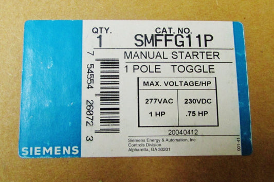 SIEMENS SMFFG11P Single Pole Double Toggle Manual Starter 