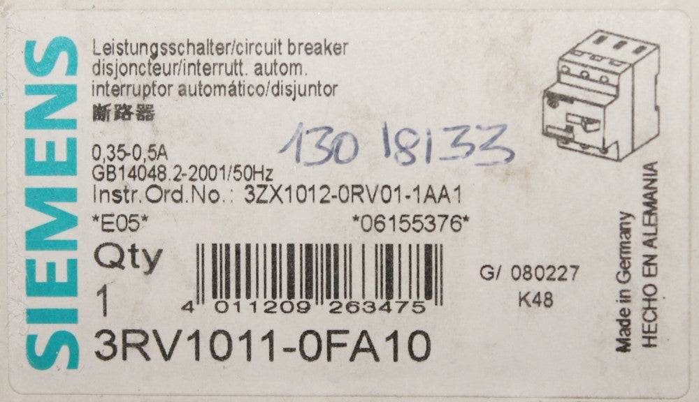 SIEMENS 3RV1011 0FA10 SIRIUS .35-.5 Amp Circuit Breaker Protector