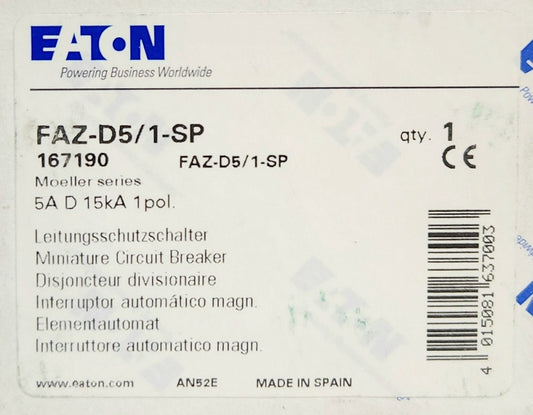 EATON MOELLER FAZ-D5/1-SP Single Pole 5 AMP 277 VAC Miniature Circuit Breaker