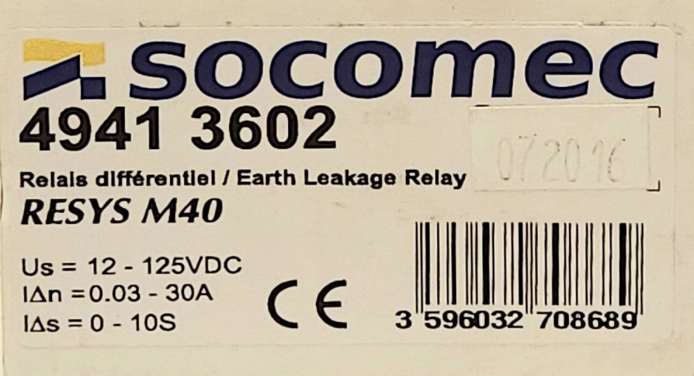 SOCOMEC 4941 3602 Resys M40 Earth Leakage Relay 12-24 VDC 0.03-30 AMP 0-10S