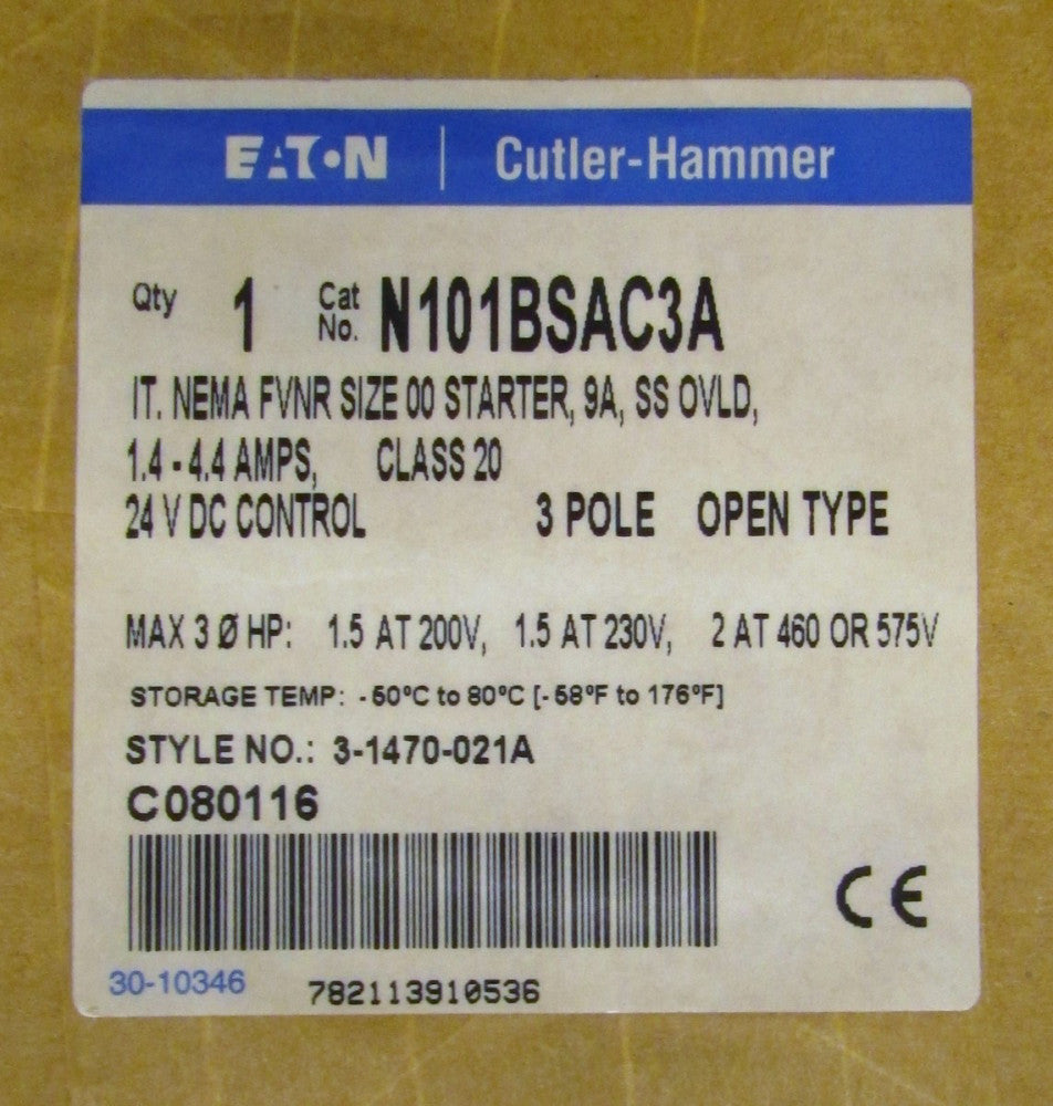 EATON CUTLER HAMMER N101BSAC3A Size 00 IT FVNR Starter 9 Amp 3 Pole 3 1470 021A