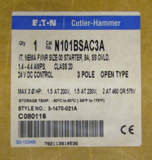EATON CUTLER HAMMER N101BSAC3A Size 00 IT FVNR Starter 9 Amp 3 Pole 3 1470 021A