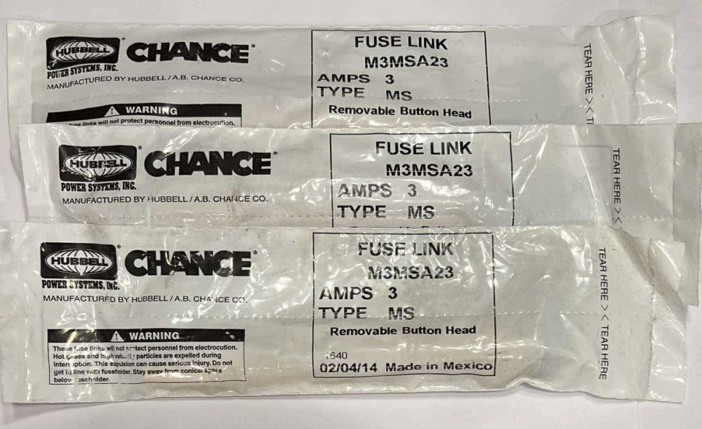 (LOT OF 3) HUBBELL CHANCE FUSE LINK M3MSA23 Type MS Removable Button Head 15 AMP