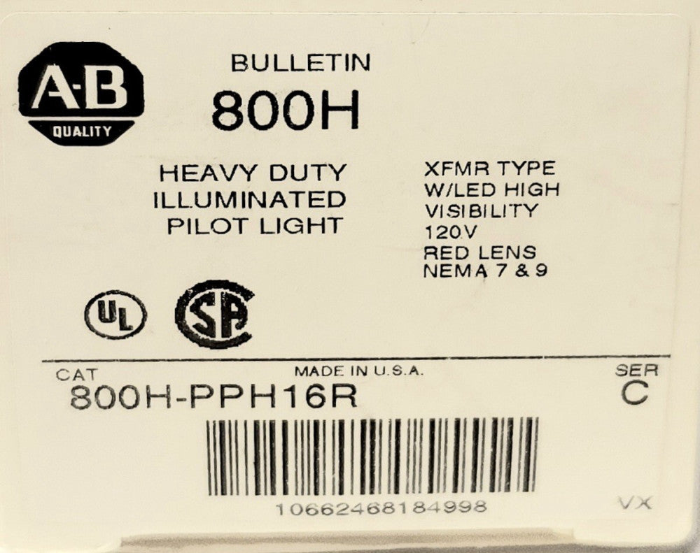 ALLEN BRADLEY 800H PPH16R Heavy Duty RED Illuminated Pilot Light 120 VAC