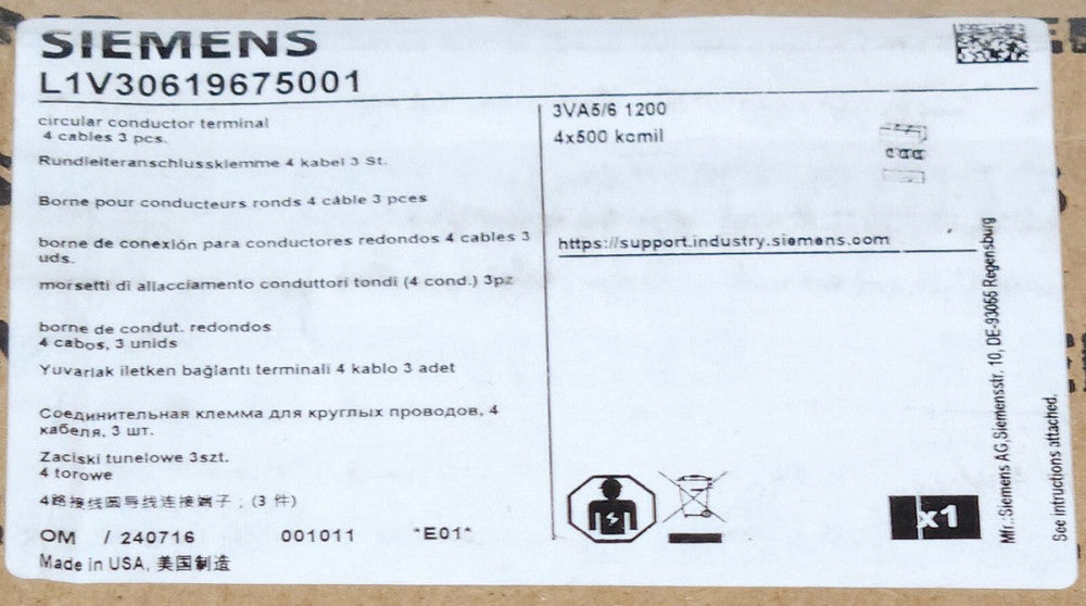 SIEMENS L1V30619675001 3VA5 3VA6 1200 Breaker Lug Terminal Kit 4X 500 kcmil