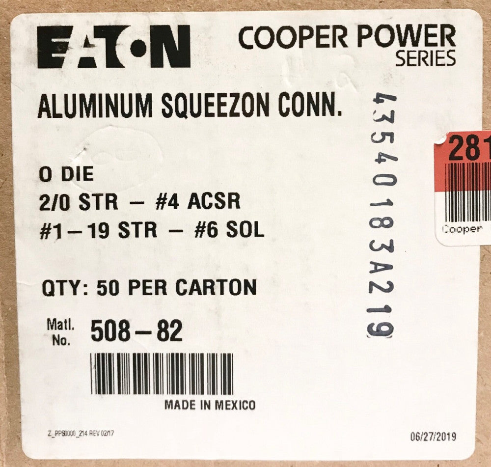 BOX CASE OF 50 EATON COOPER POWER 508-82 Aluminum Squeeze ON Connector O DIE 2/0