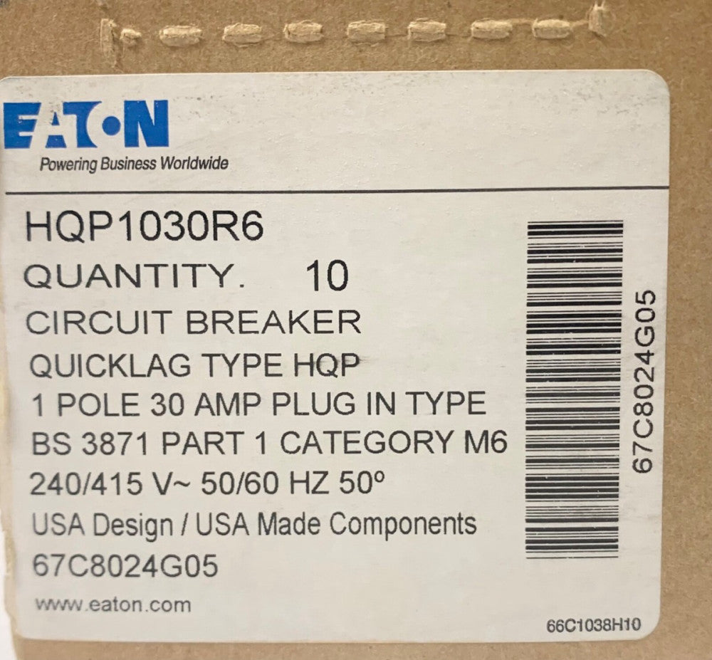1 Box of 10 EATON CUTLER HAMMER HQP1030R6 Single Pole 30 AMP Type HQP