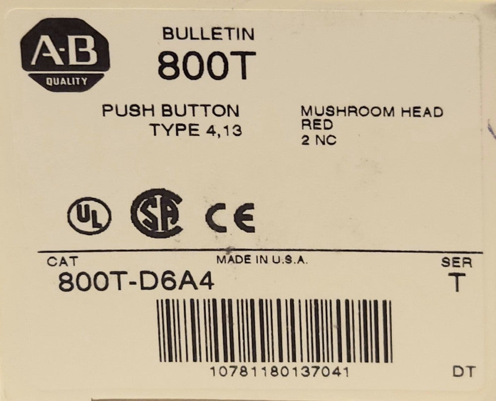 ALLEN BRADLEY 800T D6A4 RED Mushroom Head Momentary Pushbutton 2NC Contact Block