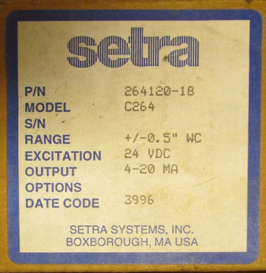 SETRA 264120 18 Model C264 24VDC 4-20MA Pressure Transmitter