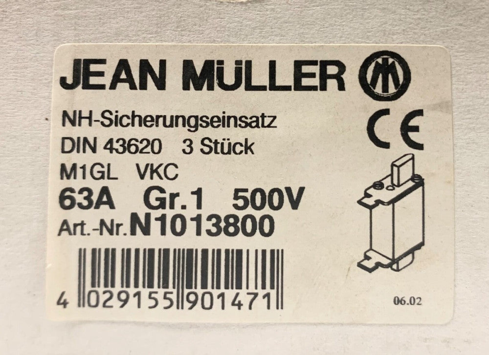 JEAN MULLER N1013800 63A 500V DIN 43620 M1GL VKC 63 AMP GR.1 500 VAC 120 KA Fuse