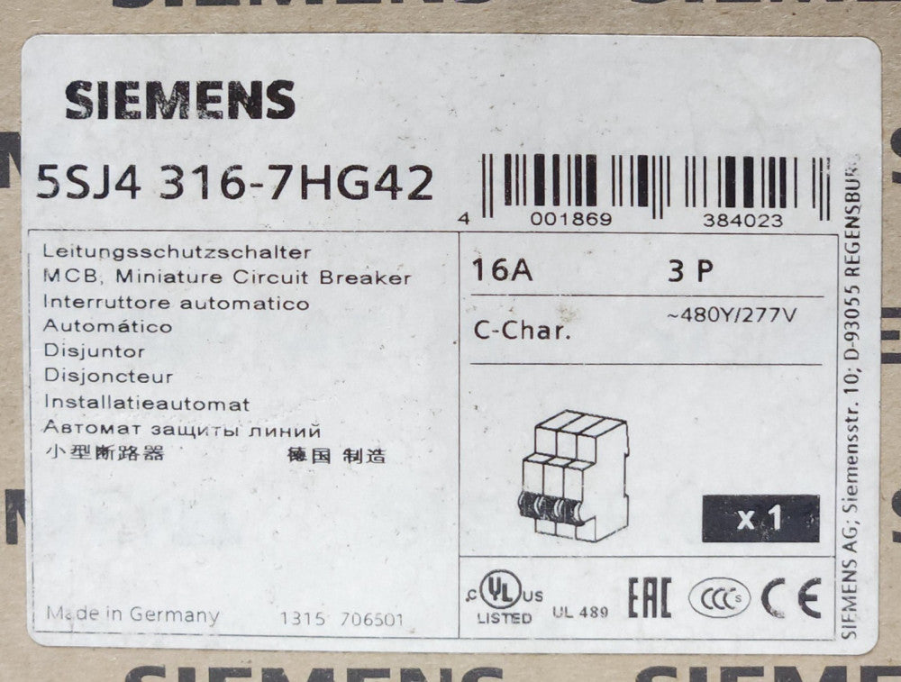SIEMENS 5SJ4 316 7HG42 3 Pole 16 AMP MCB Miniature Circuit Breaker Type NSJ C-CH