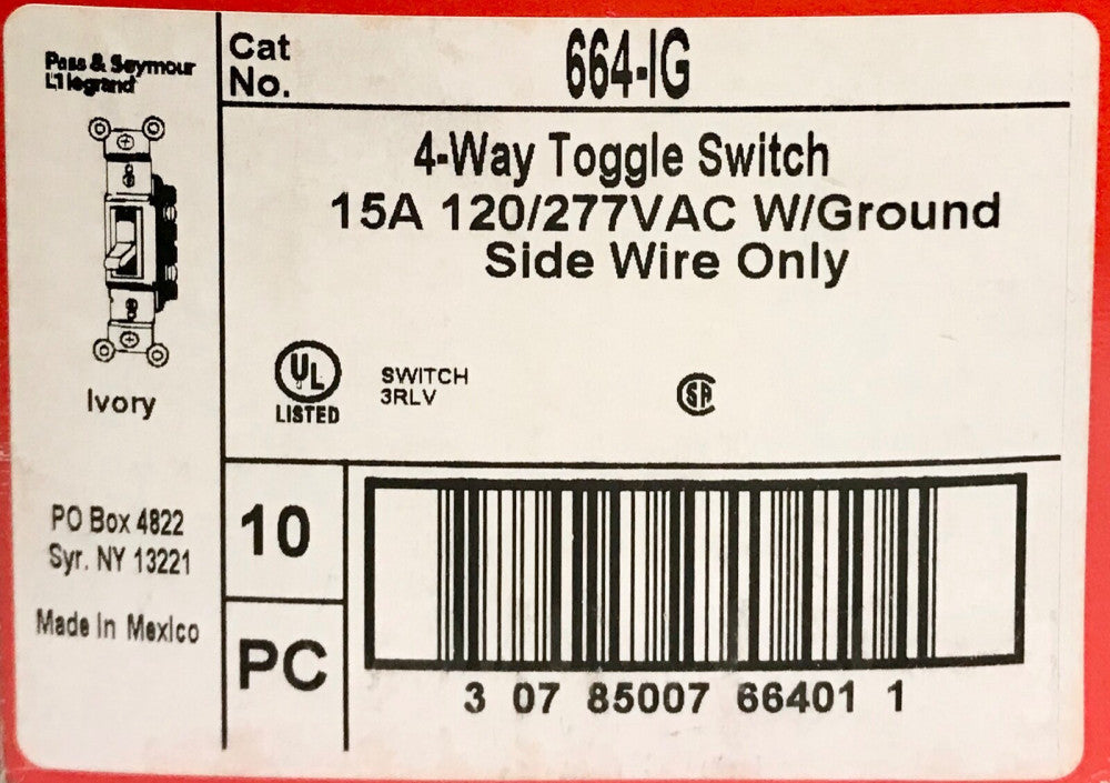 BOX OF 10 PASS SEYMOUR LEGRAND 664-IG 15 AMP 4 Way Toggle Switch 120 277 VAC