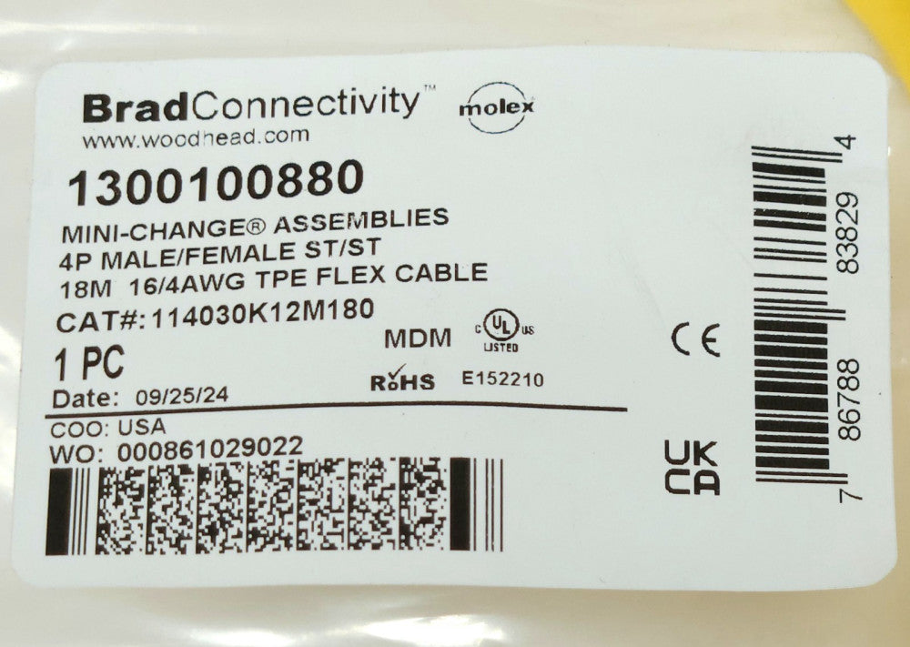 BRAD CONNECTIVITY 1300100880 MINI CHANGE 4P MALE FEMALE ST/ST 18M 16/4 AWG TPE