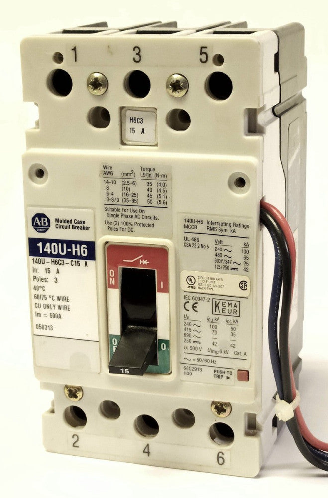 ALLEN BRADLEY 140U H6C3 C15 A 3 Pole 15 AMP 140U-H6 Circuit Breaker 1A 1B Aux
