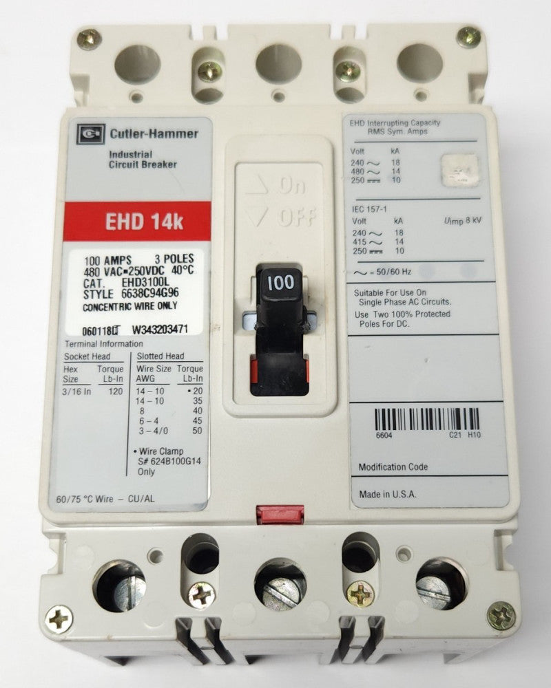 EATON CUTLER HAMMER EHD3100L 3 Pole 100 AMP Type EHD Circuit Breaker Line Load