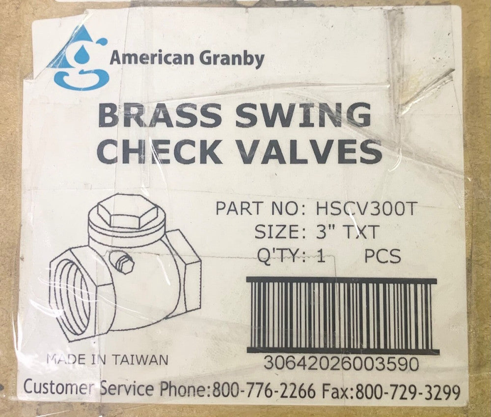 AG American Granby HSCV300T 3" TXT BRASS SWING CHECK VALVE 3 INCH 200 WOG 