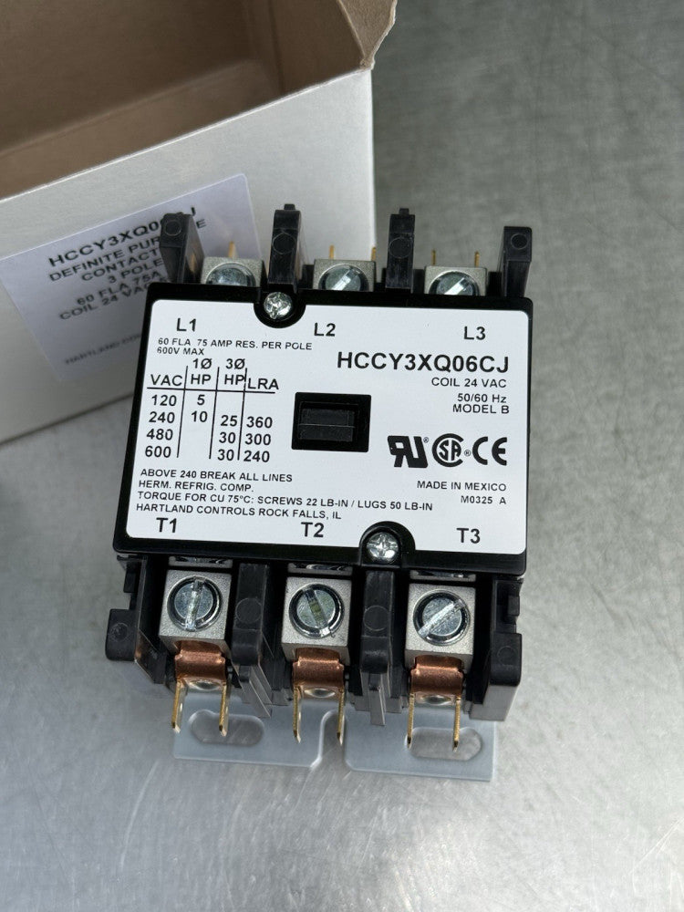 Hartland Controls HCCY3XQ06CJ Contactor 60A 3P 600VAC - 24VAC Coil - New