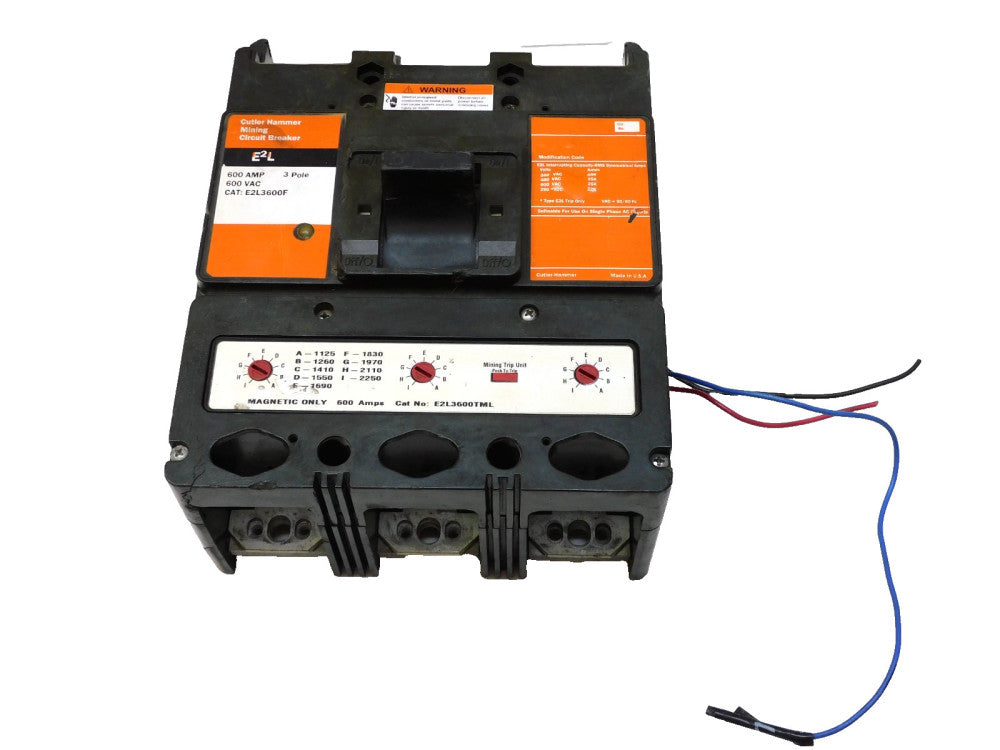 Eaton E2L3600F 600V Mining Breaker 600A 3p w/ Aux E2L3600TML 1125-2250 Trip Amp