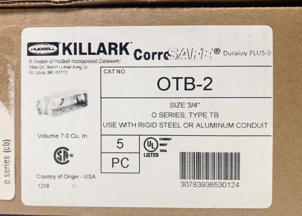 BOX OF 5 HUBBELL KILLARK OTB-2 Size 3/4'' AL Conduit Body