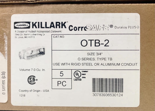 BOX OF 5 HUBBELL KILLARK OTB-2 Size 3/4'' AL Conduit Body