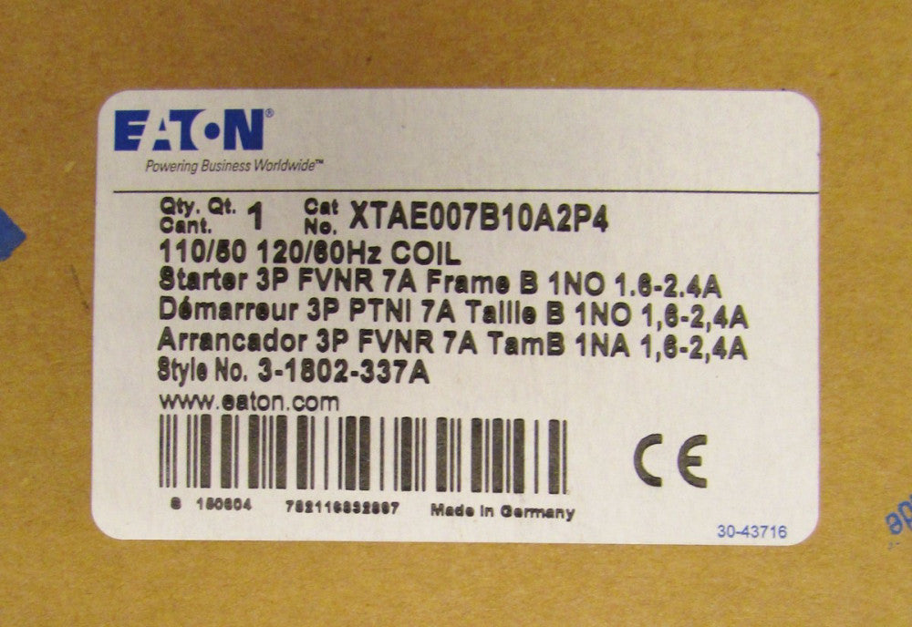 EATON CUTLER HAMMER FVNR Starter 1.6-2.4 Amp 110/120V XTAE007B10H2P4 