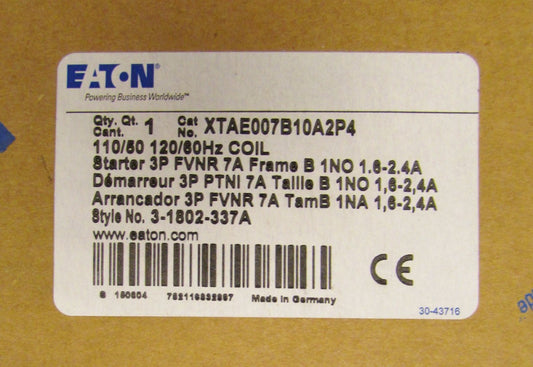 EATON CUTLER HAMMER FVNR Starter 1.6-2.4 Amp 110/120V XTAE007B10H2P4 
